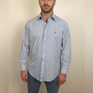 Ralph Lauren Classic Fit Blue White Striped Button Down Shirt Size L